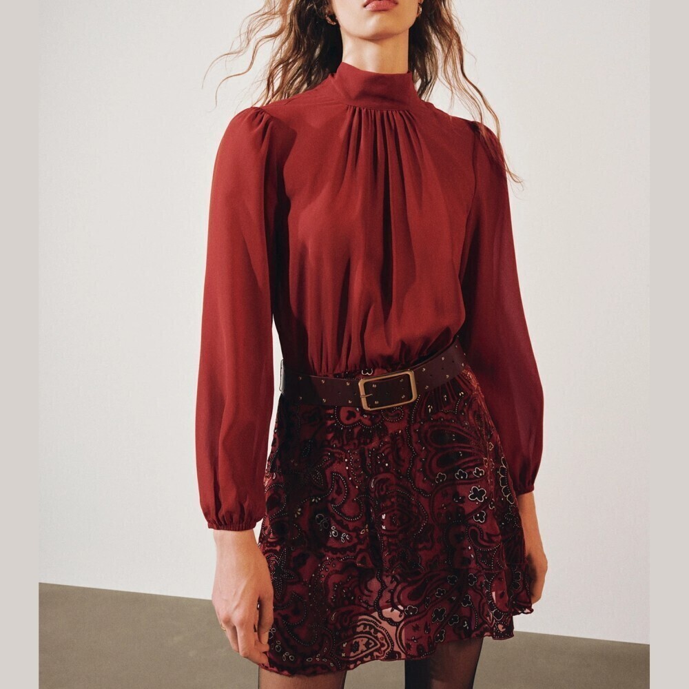 Rust Red Stand Collar Pleated Long Sleeve Mini Dress with Paisley Print Skirt